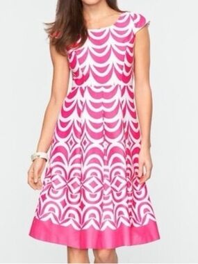 NWT Talbots Pink and White Geometric Fit-and-Flare Midi Dress Size 10